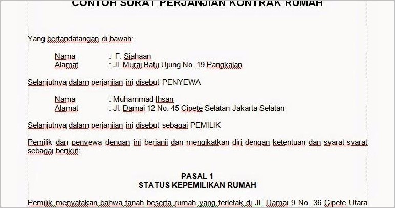 Contoh Surat Pernyataan Kotrak Rumah