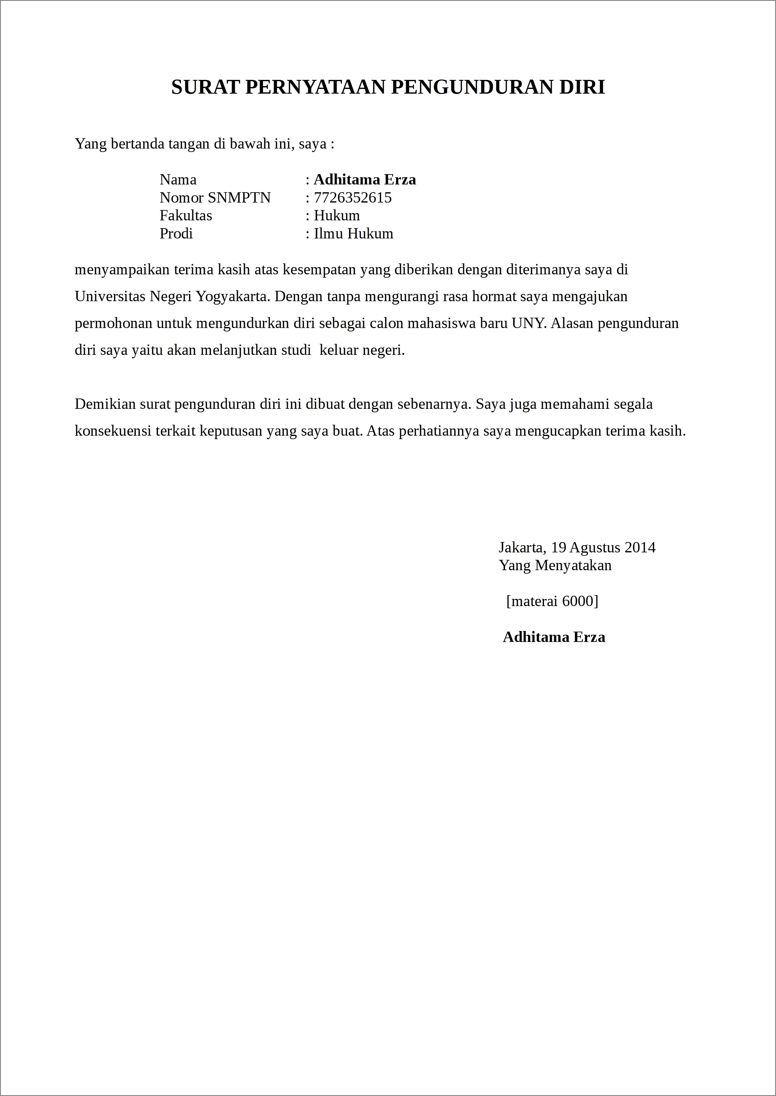 Contoh Surat Pernyataan Kuliah