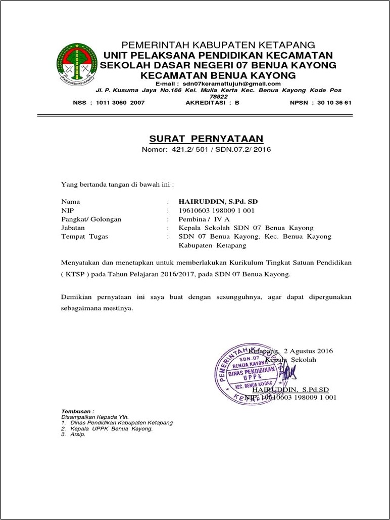 Contoh Surat Pernyataan Kurikulum