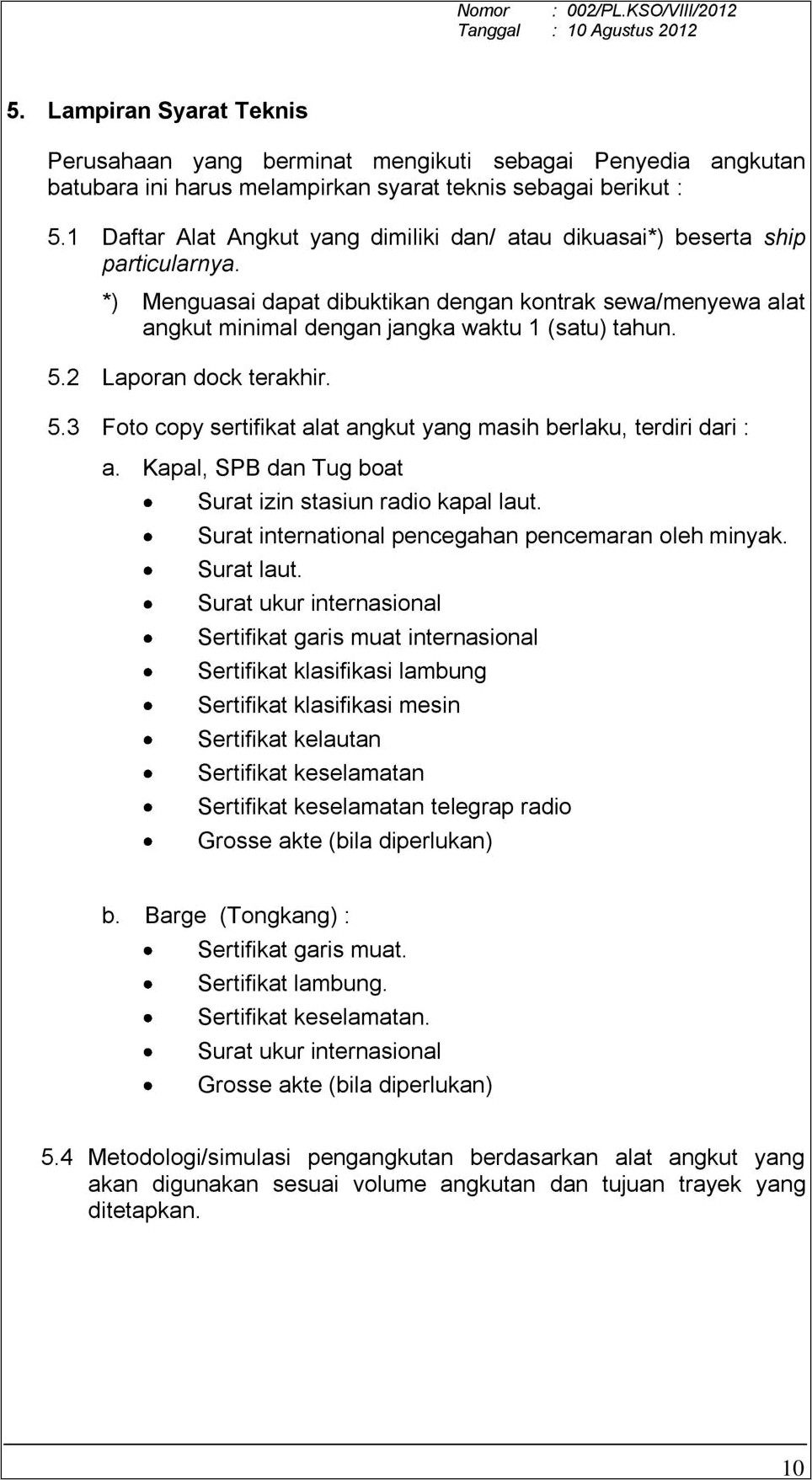 Contoh Surat Pernyataan Loading Batubara