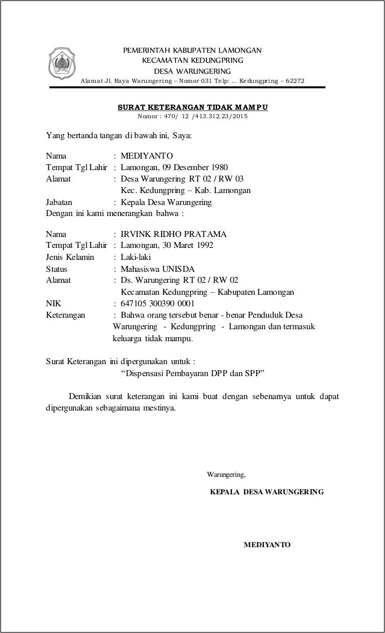 Contoh Surat Pernyataan Lurah