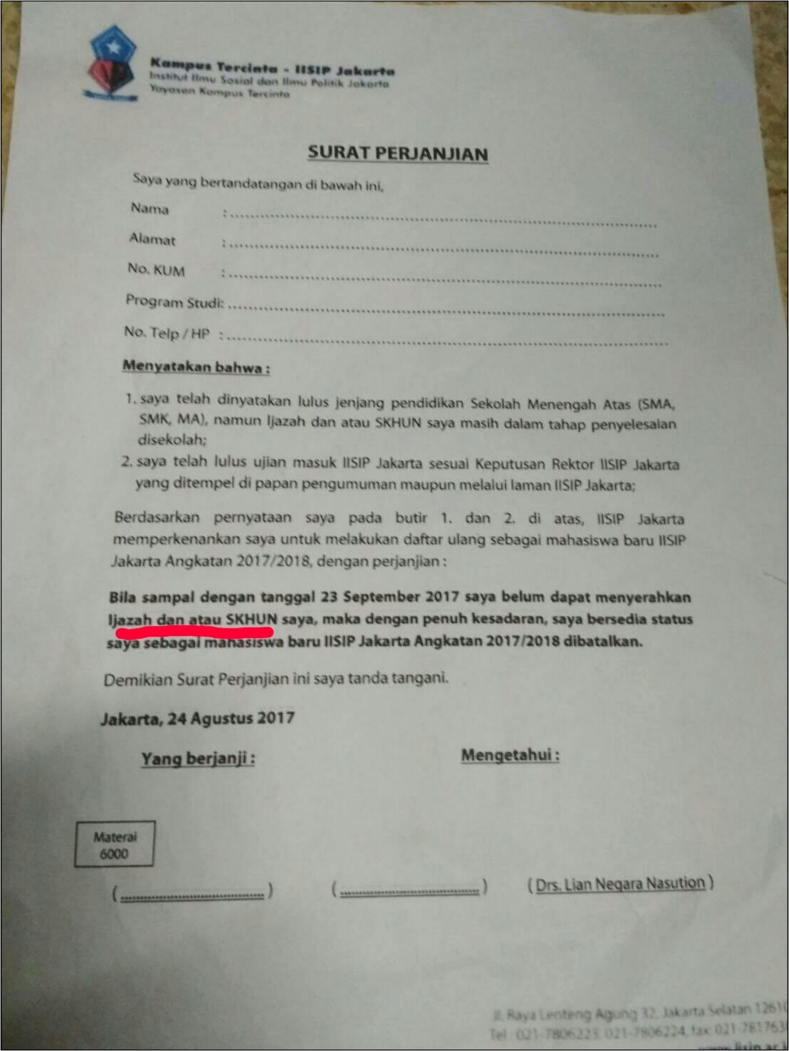 Contoh Surat Pernyataan Mahasiswa Baru