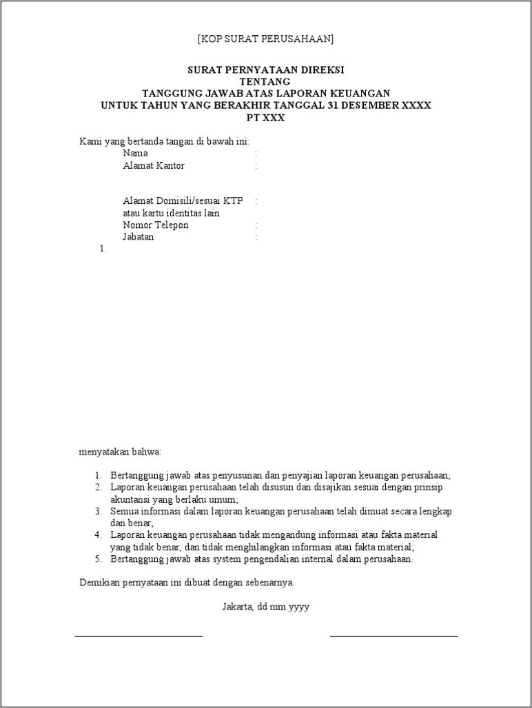 Contoh Surat Pernyataan Masa Jabatan Direksi Perseroan Terbatas