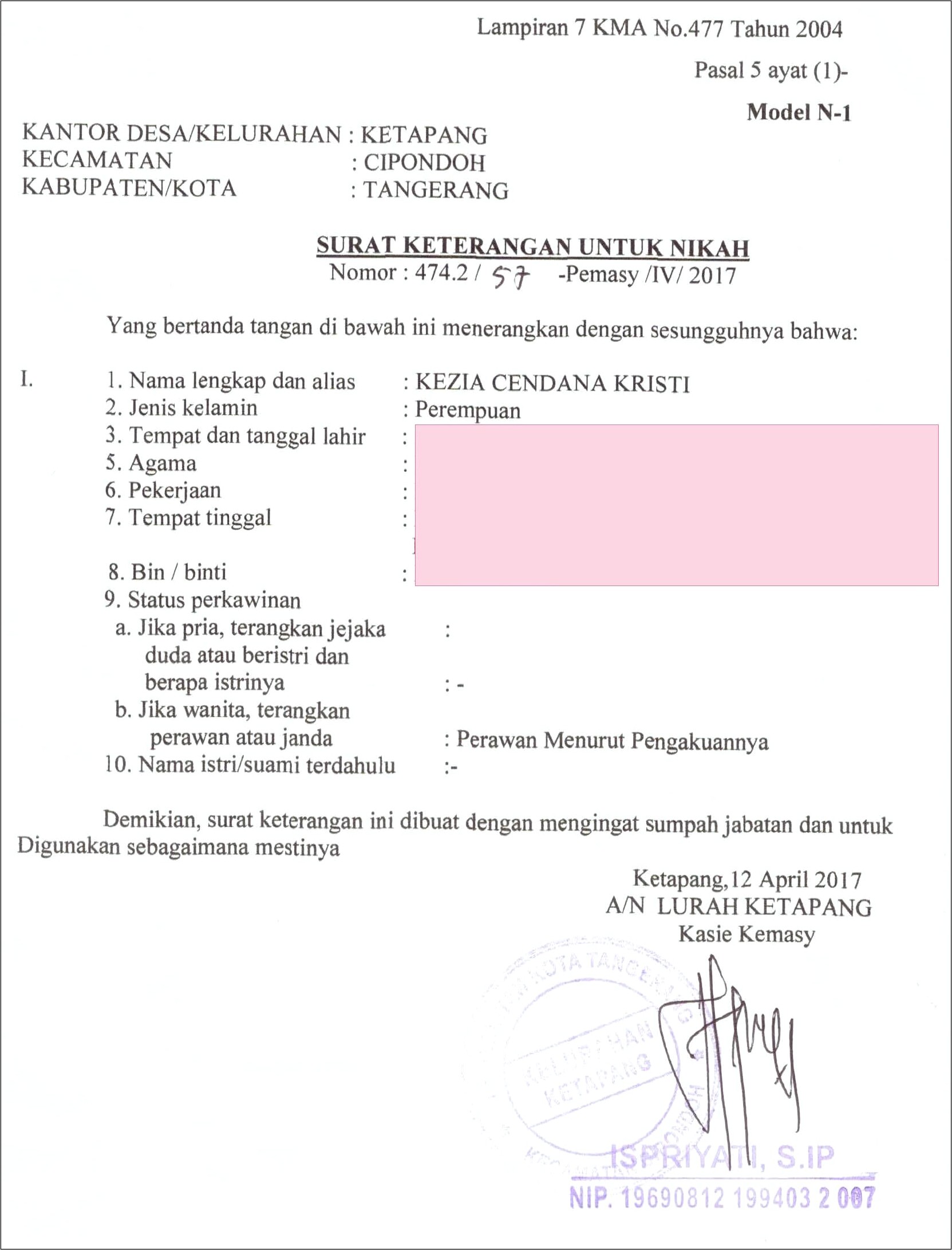 Contoh Surat Pernyataan Masi Perawan