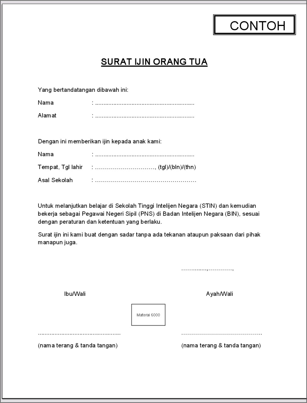 Contoh Surat Pernyataan Masuk Organisasi