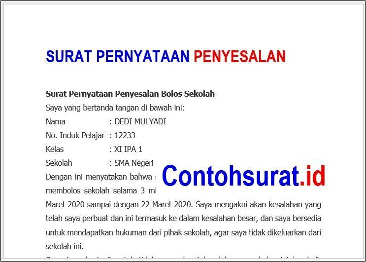 Contoh Surat Pernyataan Mbolos
