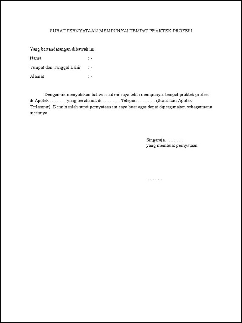 Contoh Surat Pernyataan Melaksanakan Praktik Apoteker Bertanggung Jawab