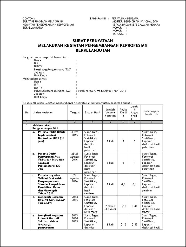Contoh Surat Pernyataan Melakukan Kegiatan Pkb
