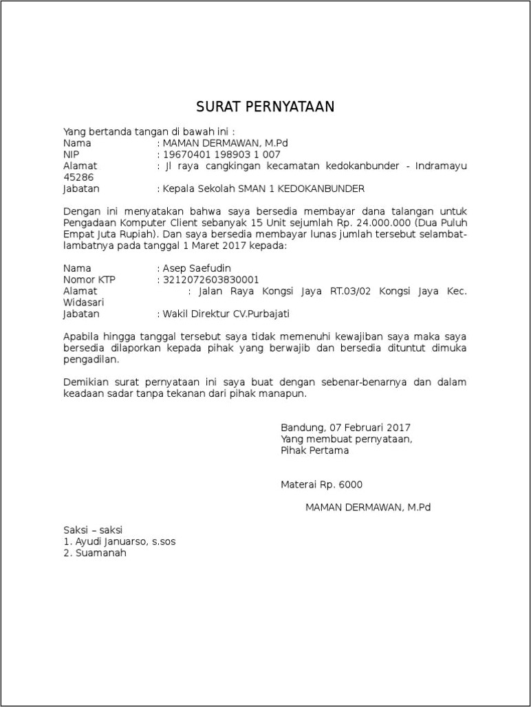 Contoh Surat Pernyataan Membayar Utang