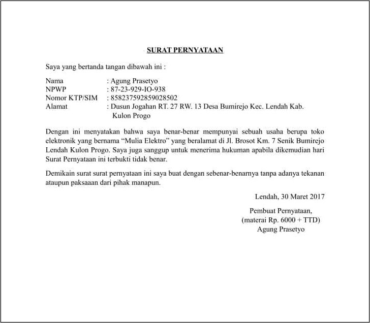 Contoh Surat Pernyataan Memiliki Mesin