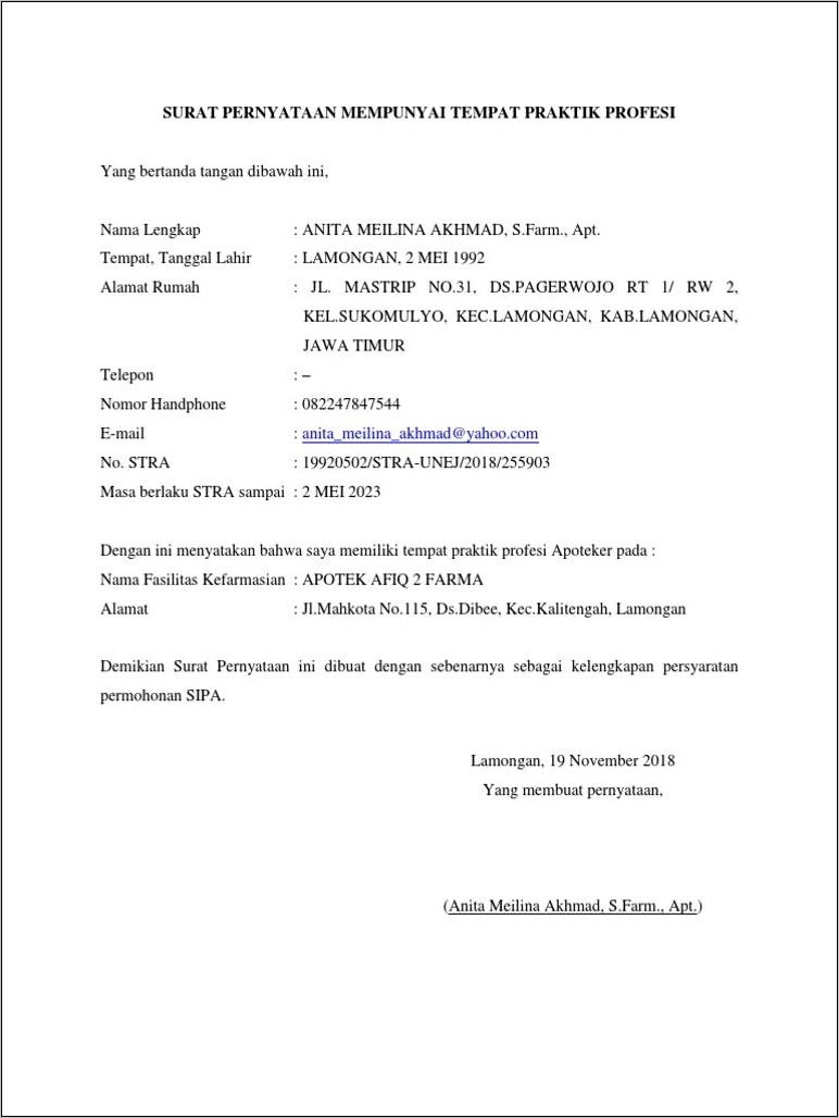 Contoh Surat Pernyataan Memilimi Tempat Praktek Profesi Apoteker