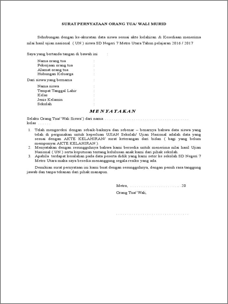 Contoh Surat Pernyataan Menanggung Biaya Orantua