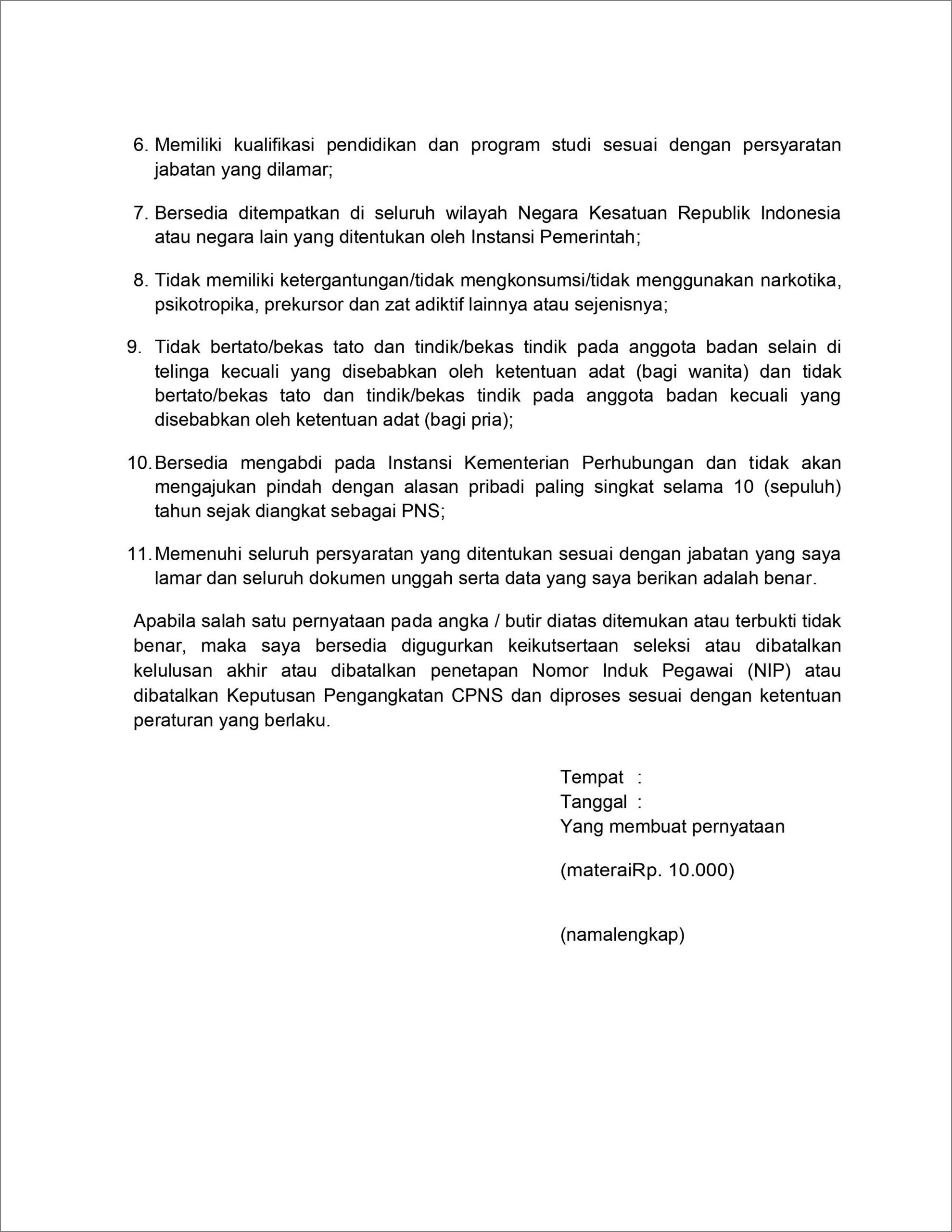 Contoh Surat Pernyataan Mendaftar Cpns