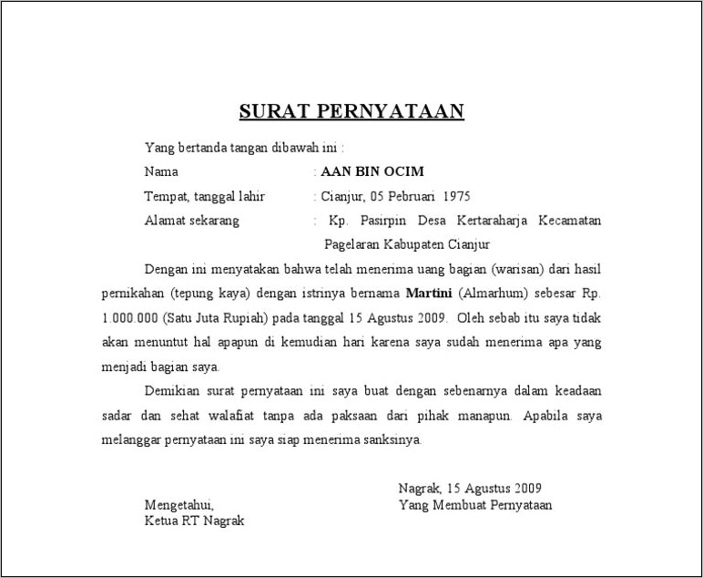 Contoh Surat Pernyataan Menerima Pembayaran