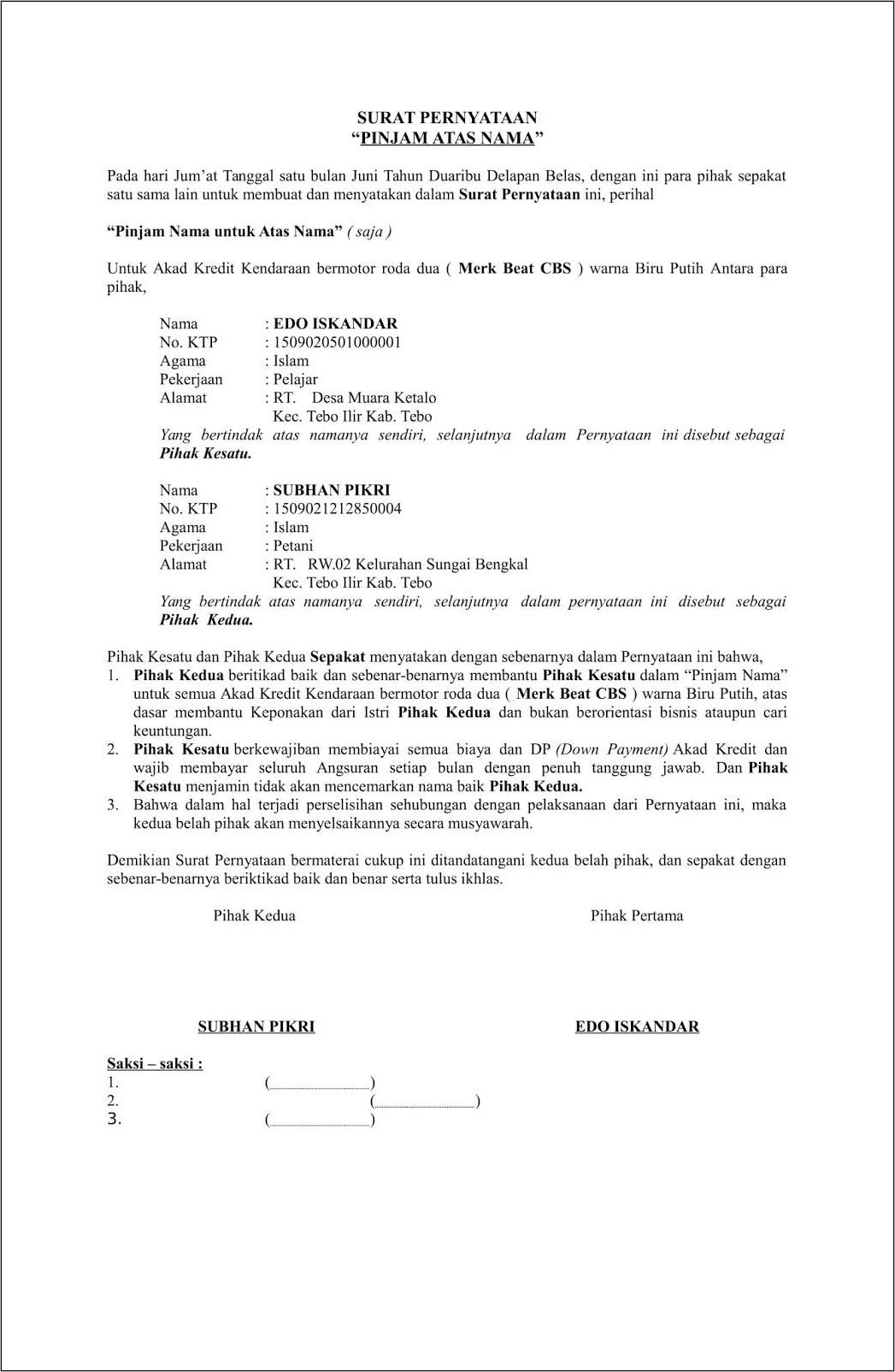 Contoh Surat Pernyataan Mengembalian Motor