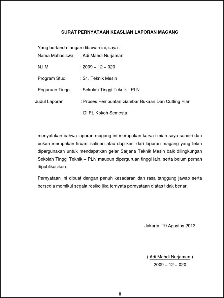 Contoh Surat Pernyataan Mengenai Pkl Dan Sumber Informasi Pdf