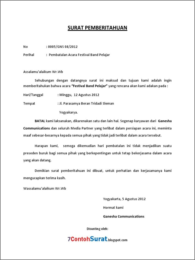 Contoh Surat Pernyataan Mengganti Kerugian Pembatalan Acara Docx