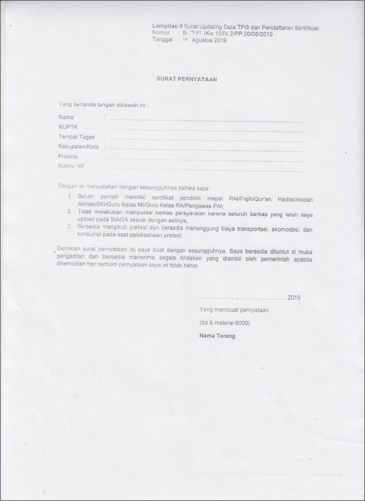 Contoh Surat Pernyataan Mengikuti Pretest Ppg 2019