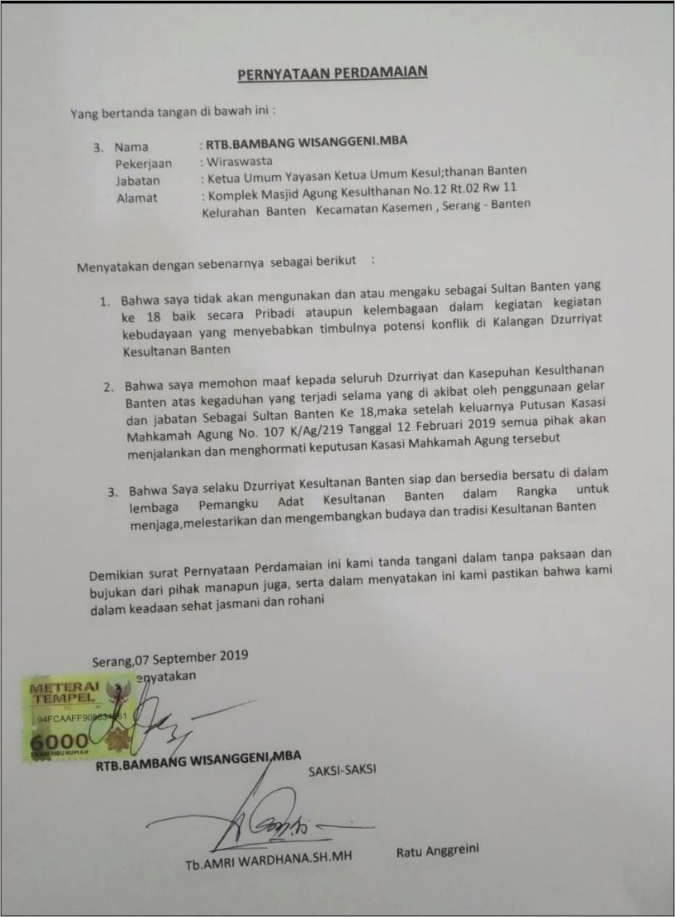 Contoh Surat Pernyataan Menjadi 2 Saksi