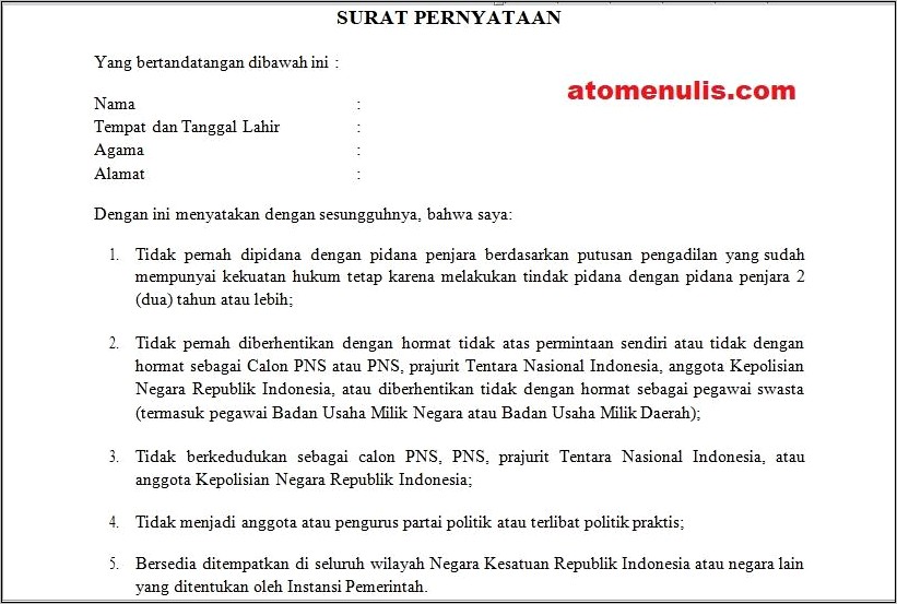 Contoh Surat Pernyataan Menjadi Pengurus Cabang