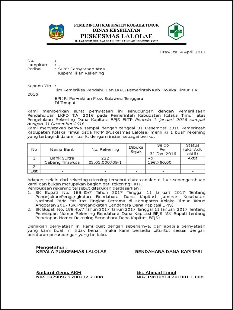 Contoh Surat Pernyataan Menyatakan Benar Kepemilikan Rekening