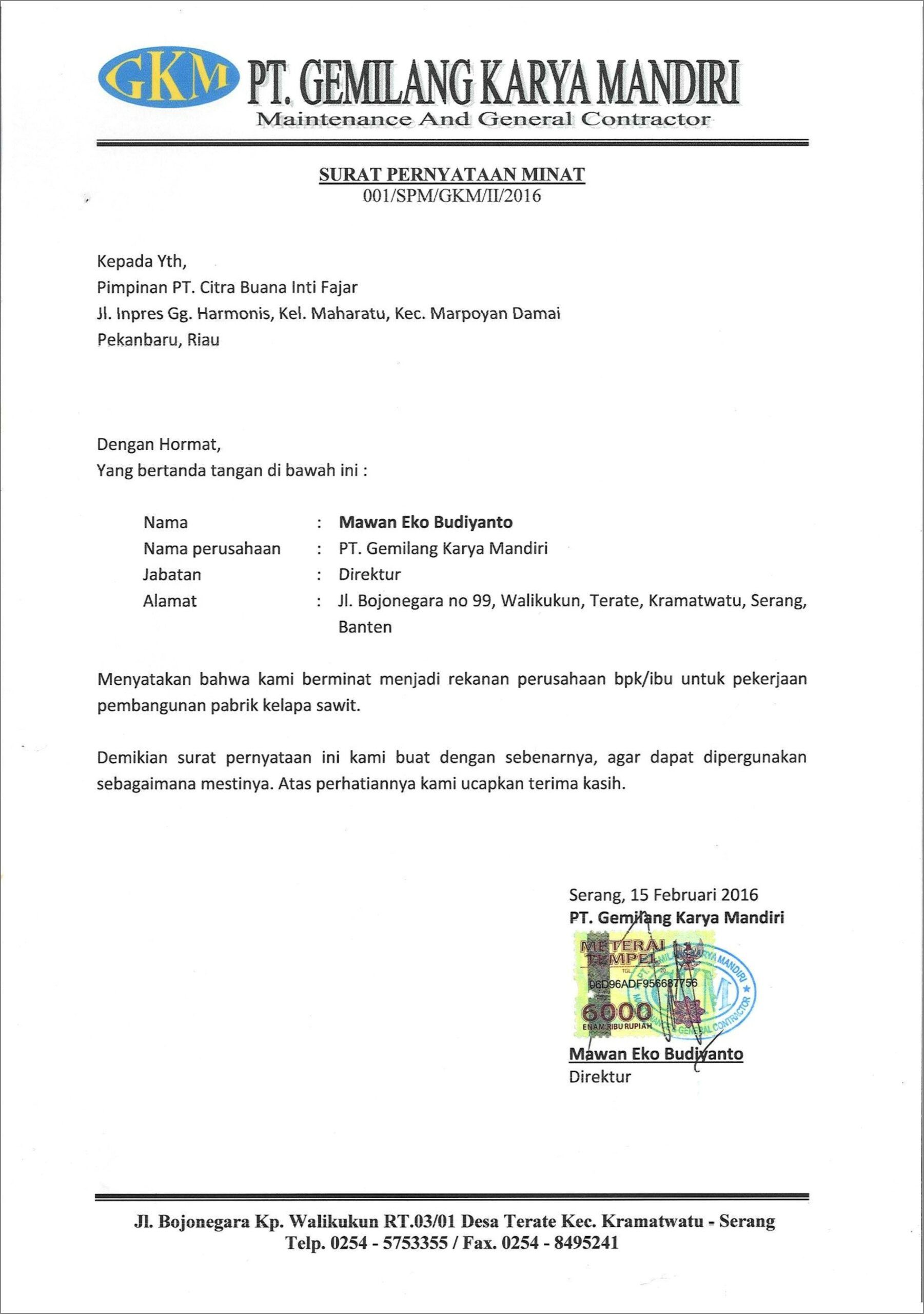 Contoh Surat Pernyataan Minat Vendor Garuda