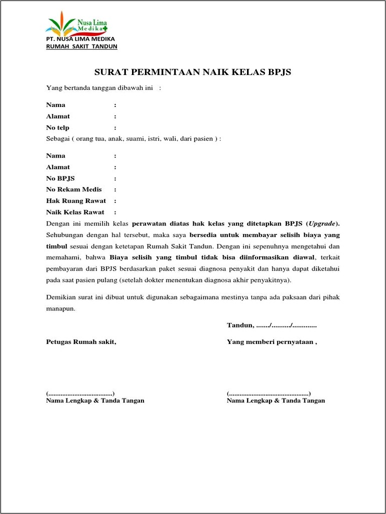 Contoh Surat Pernyataan Naik Kelas Perawatan