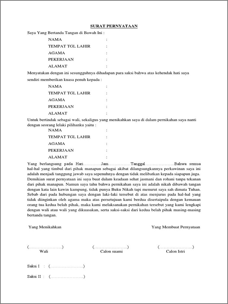 Contoh Surat Pernyataan Nikah Siri Doc