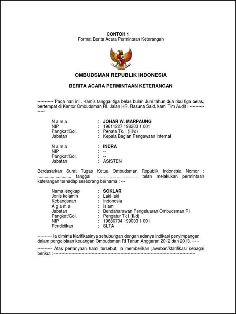 Contoh Surat Pernyataan Ombudsman