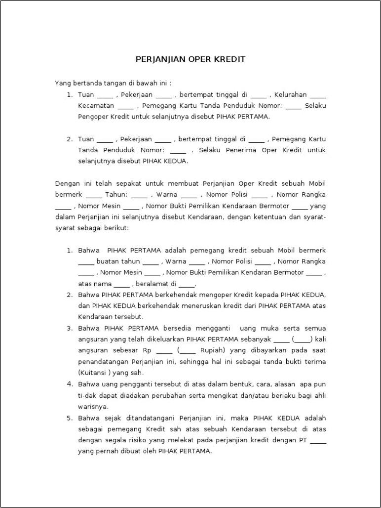 Contoh Surat Pernyataan Oper Kredit Mobil