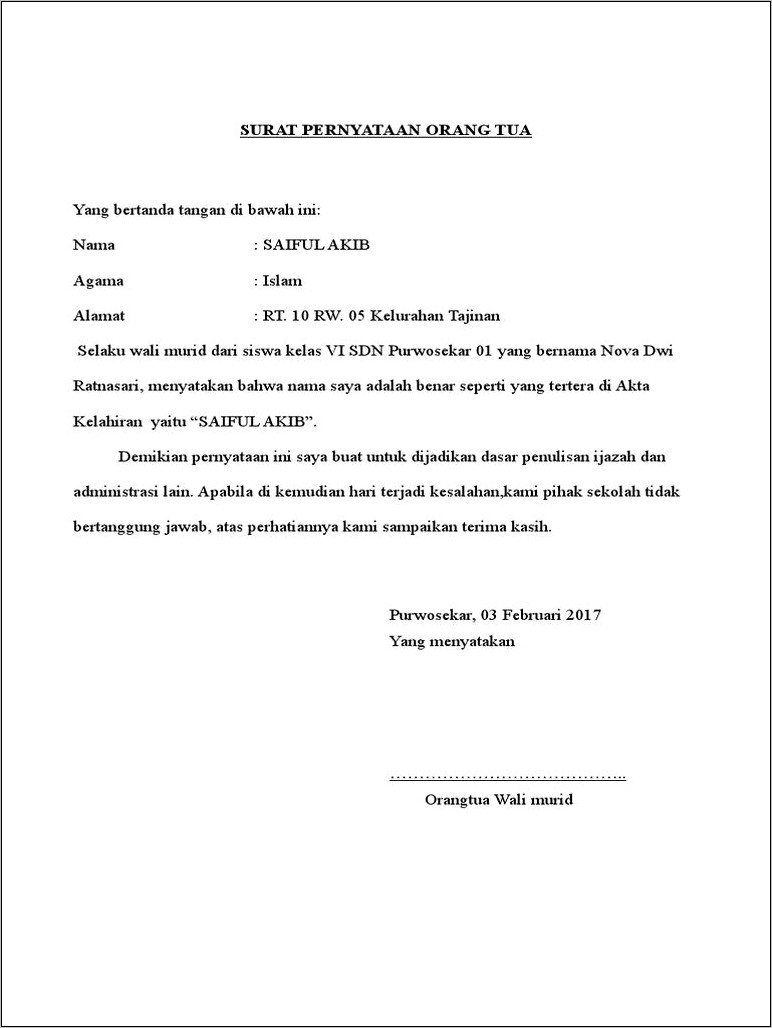 Contoh Surat Pernyataan Orang Tanggung Jawab Ijazah Oleh Orang Tua