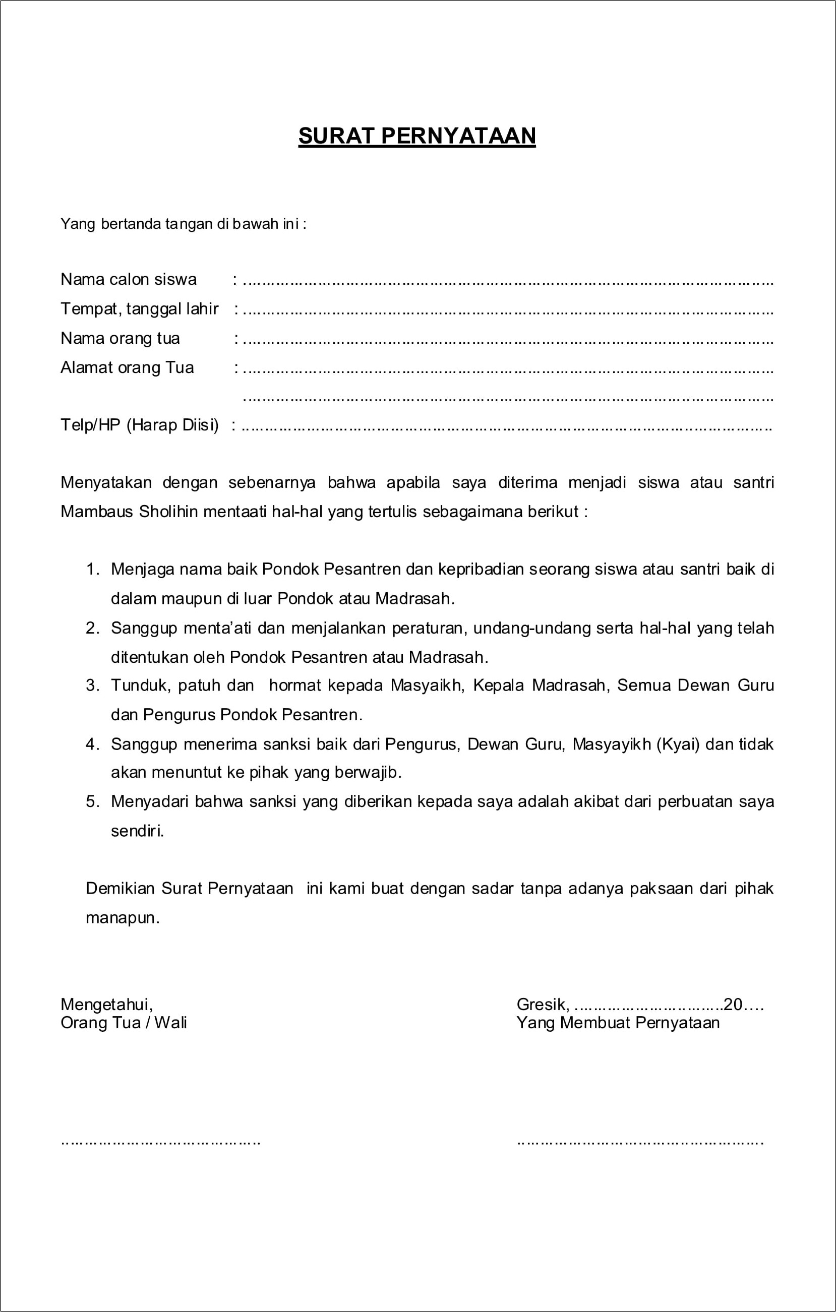 Contoh Surat Pernyataan Orangtua Murid