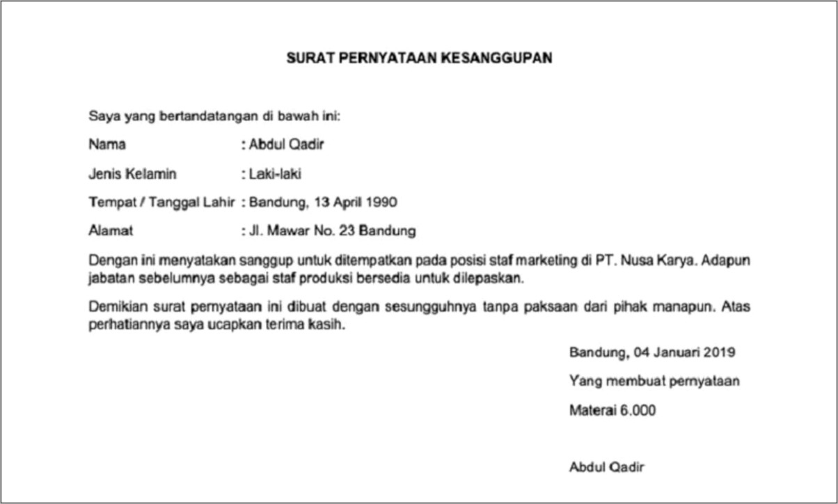 Contoh Surat Pernyataan Organisasi