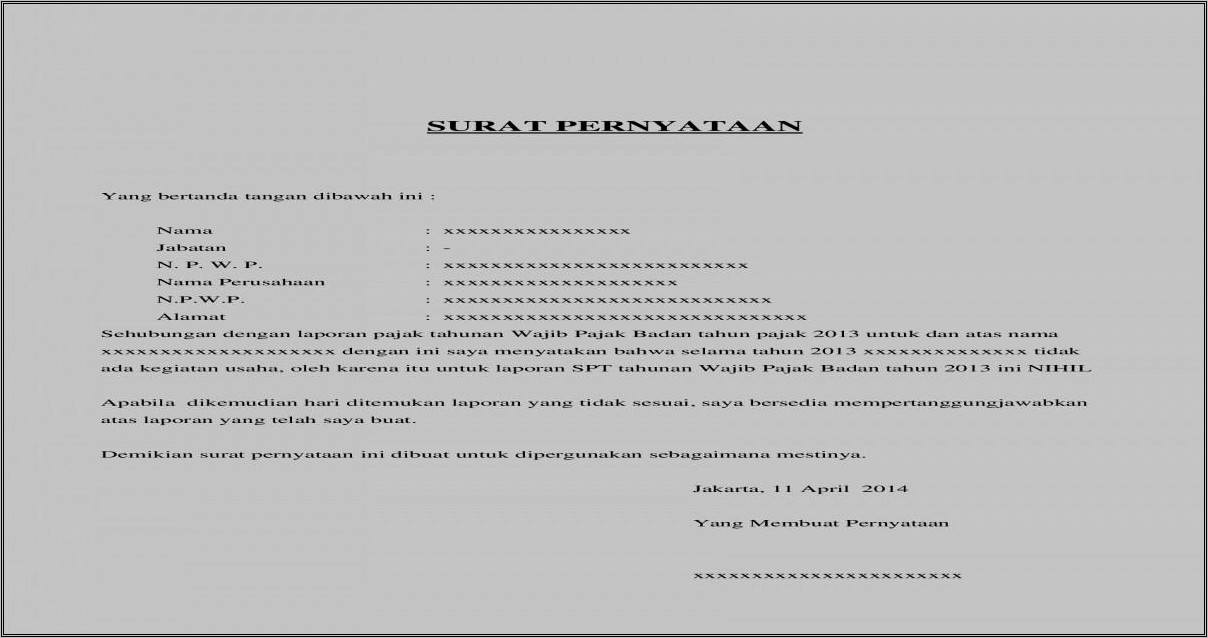 Contoh Surat Pernyataan Pajak Nihil Badan