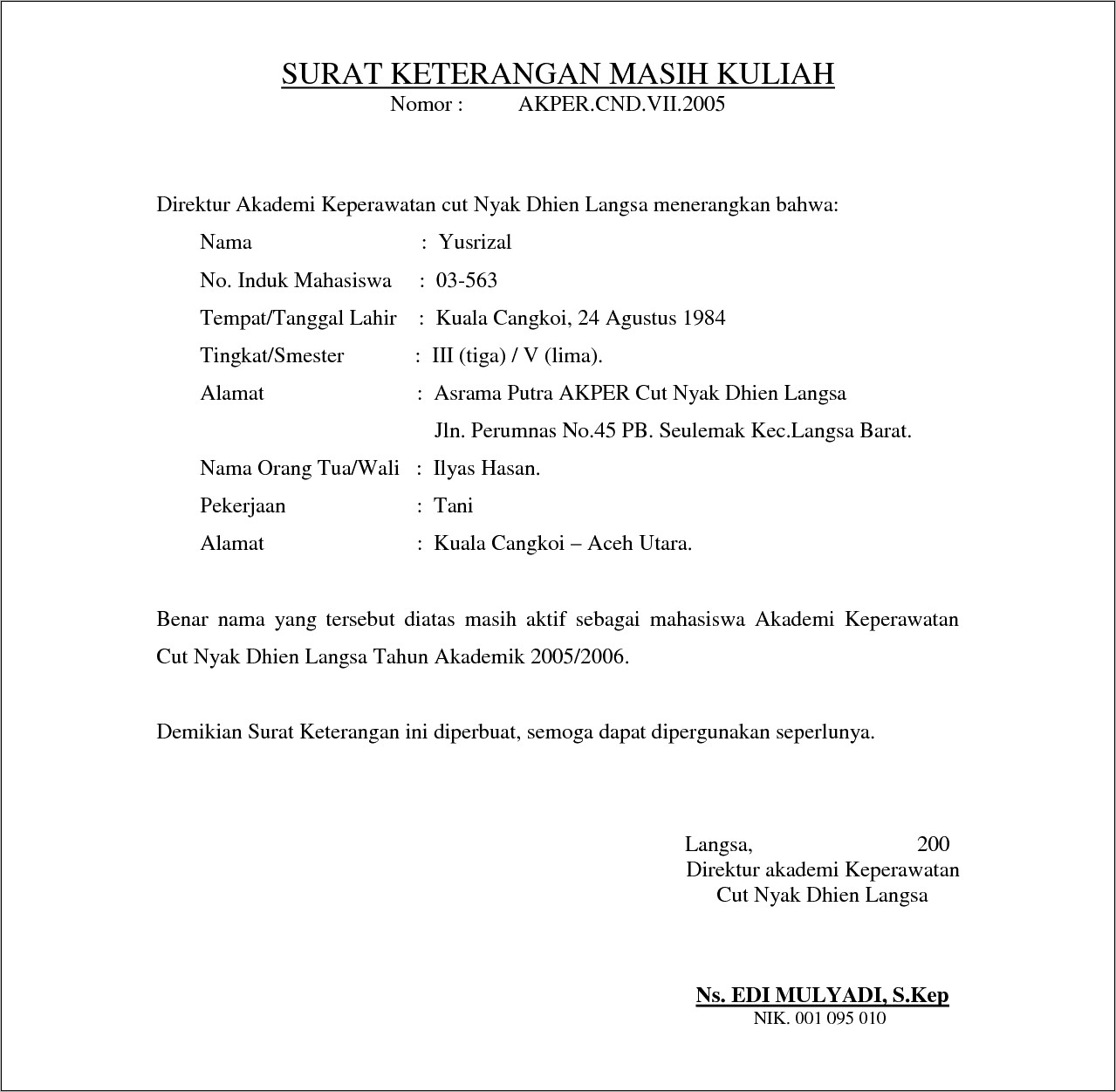 Contoh Surat Pernyataan Pelnajutan Kuliah
