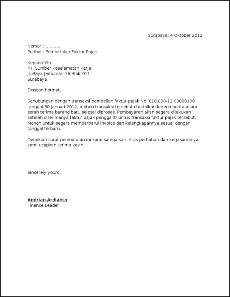 Contoh Surat Pernyataan Pembatalan Pembelian Rumah Dari Developer