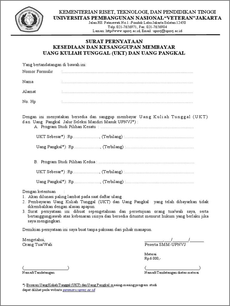 Contoh Surat Pernyataan Pembayaran Uang