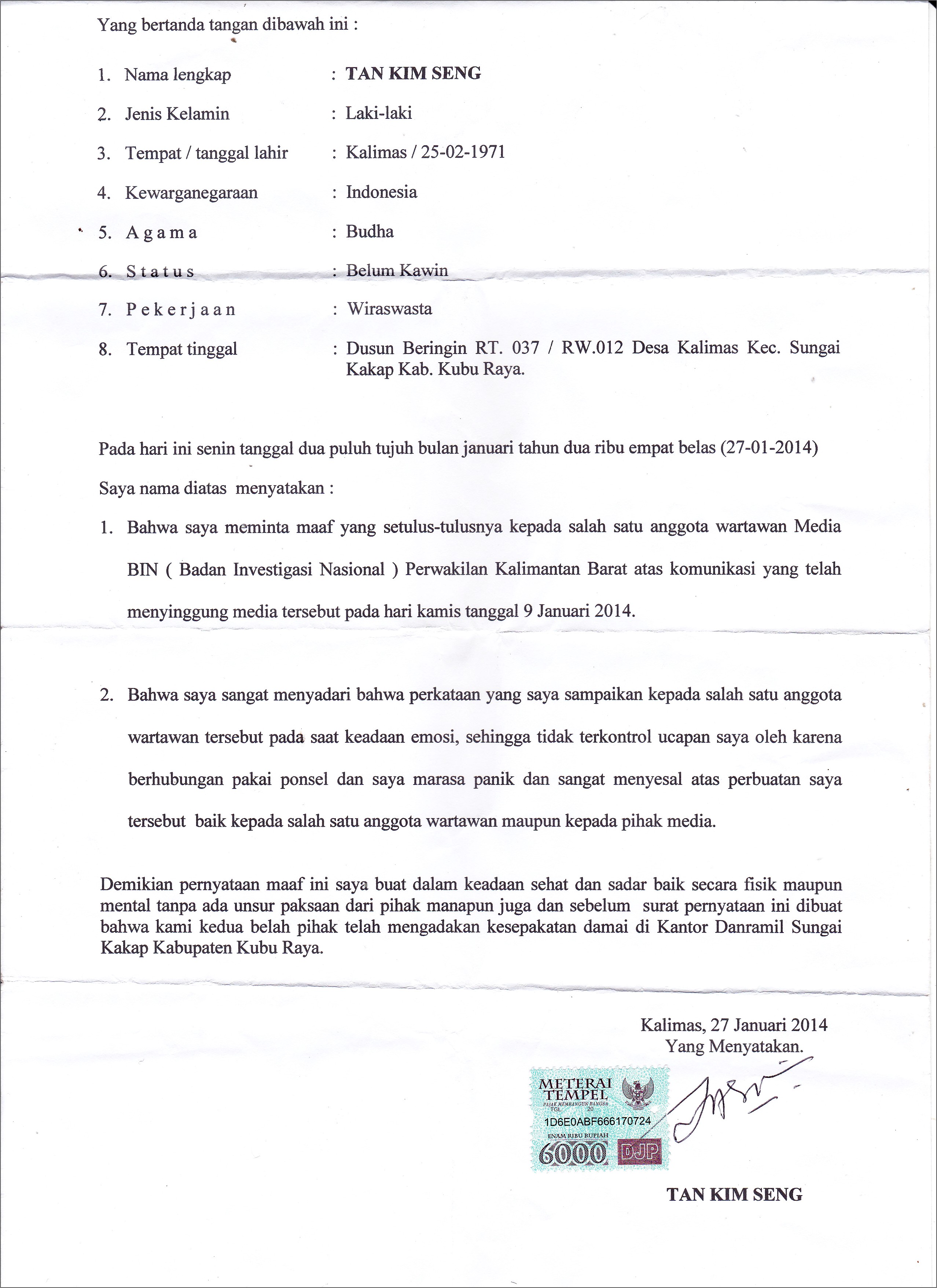 Contoh Surat Pernyataan Pemberiaan Maaf Pada Penganiayaan