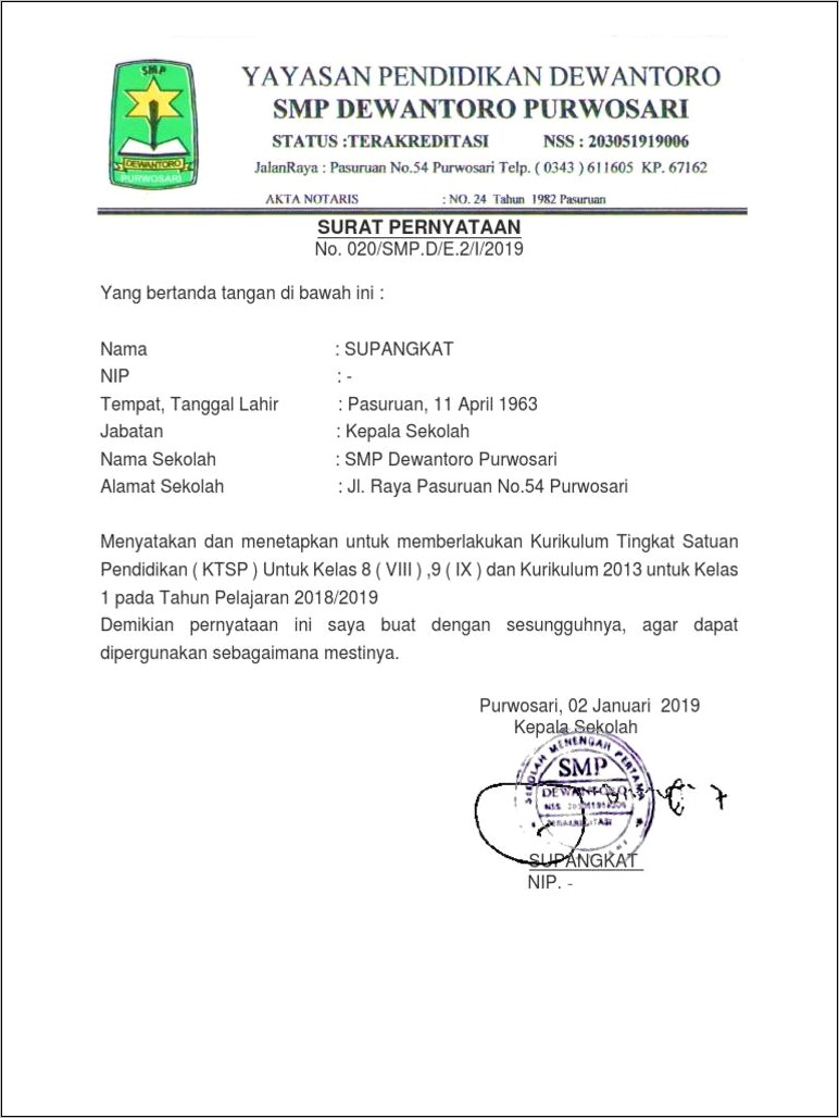 Contoh Surat Pernyataan Pemberlakuan Kurikulum 2013 Smp