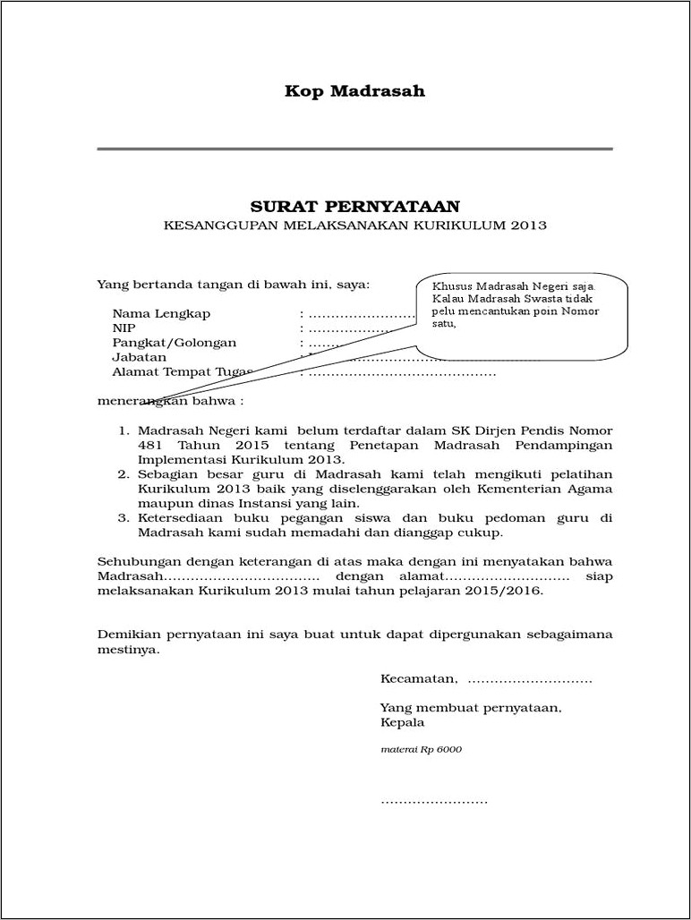Contoh Surat Pernyataan Pemberlakuan Kurikulum 2013.doc