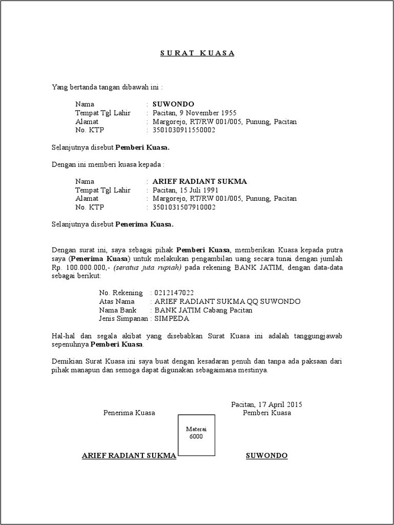 Contoh Surat Pernyataan Pembukaan Rekening Bank