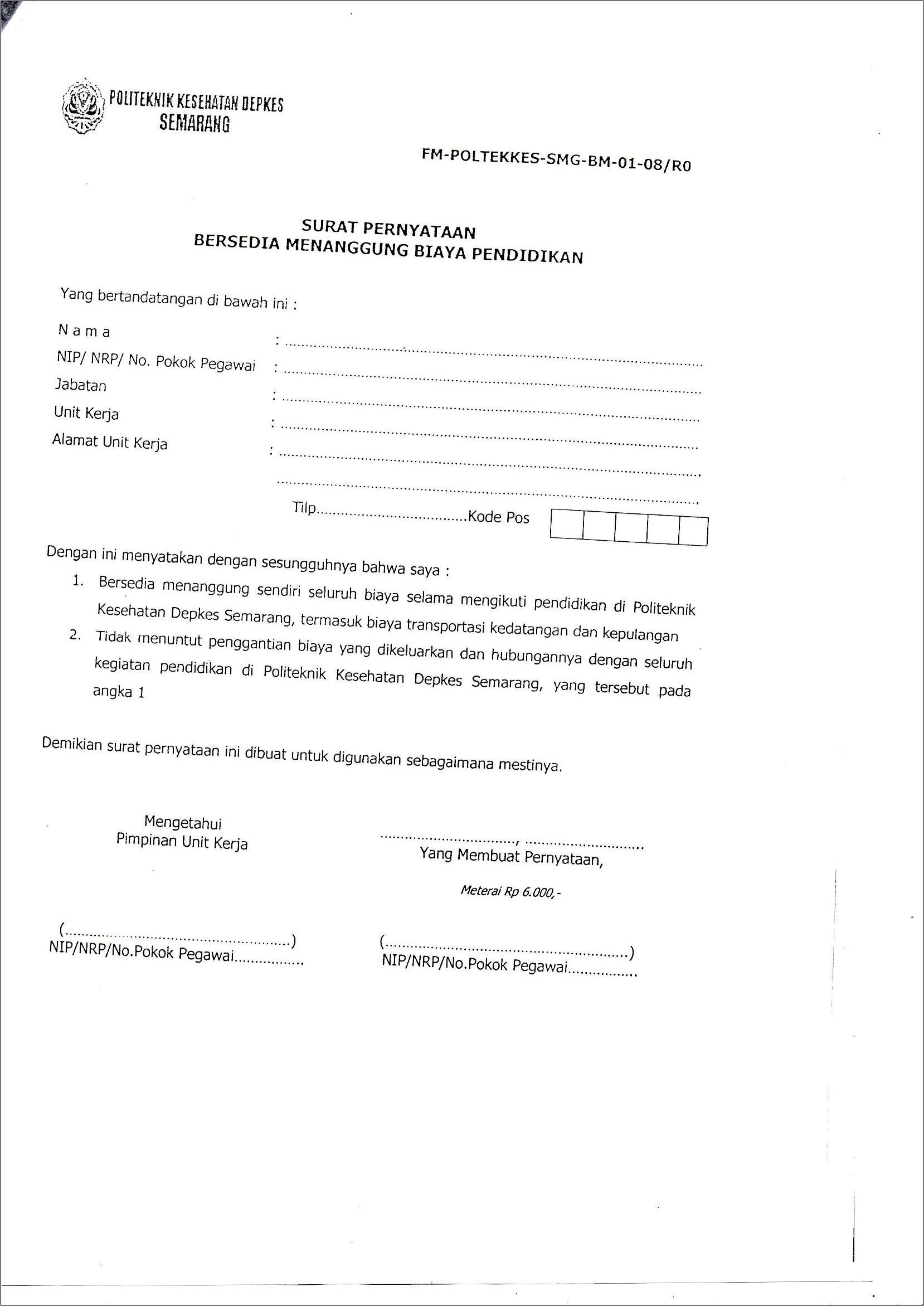Contoh Surat Pernyataan Peminatan Poltekkes