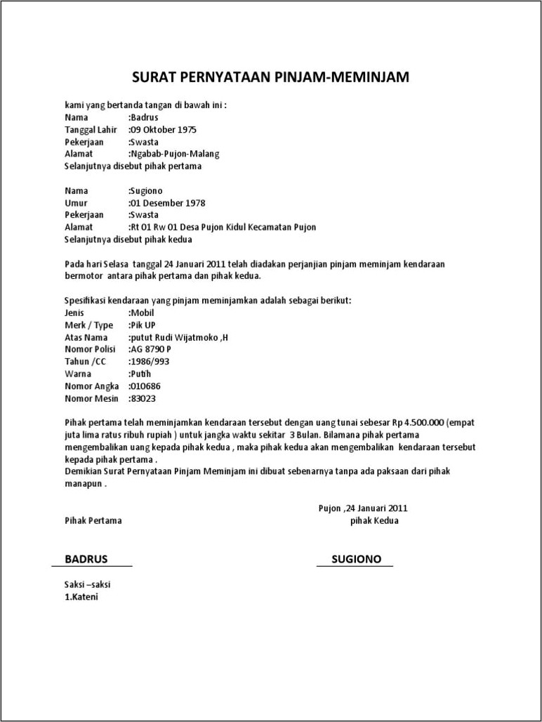 Contoh Surat Pernyataan Peminjaman Mobil