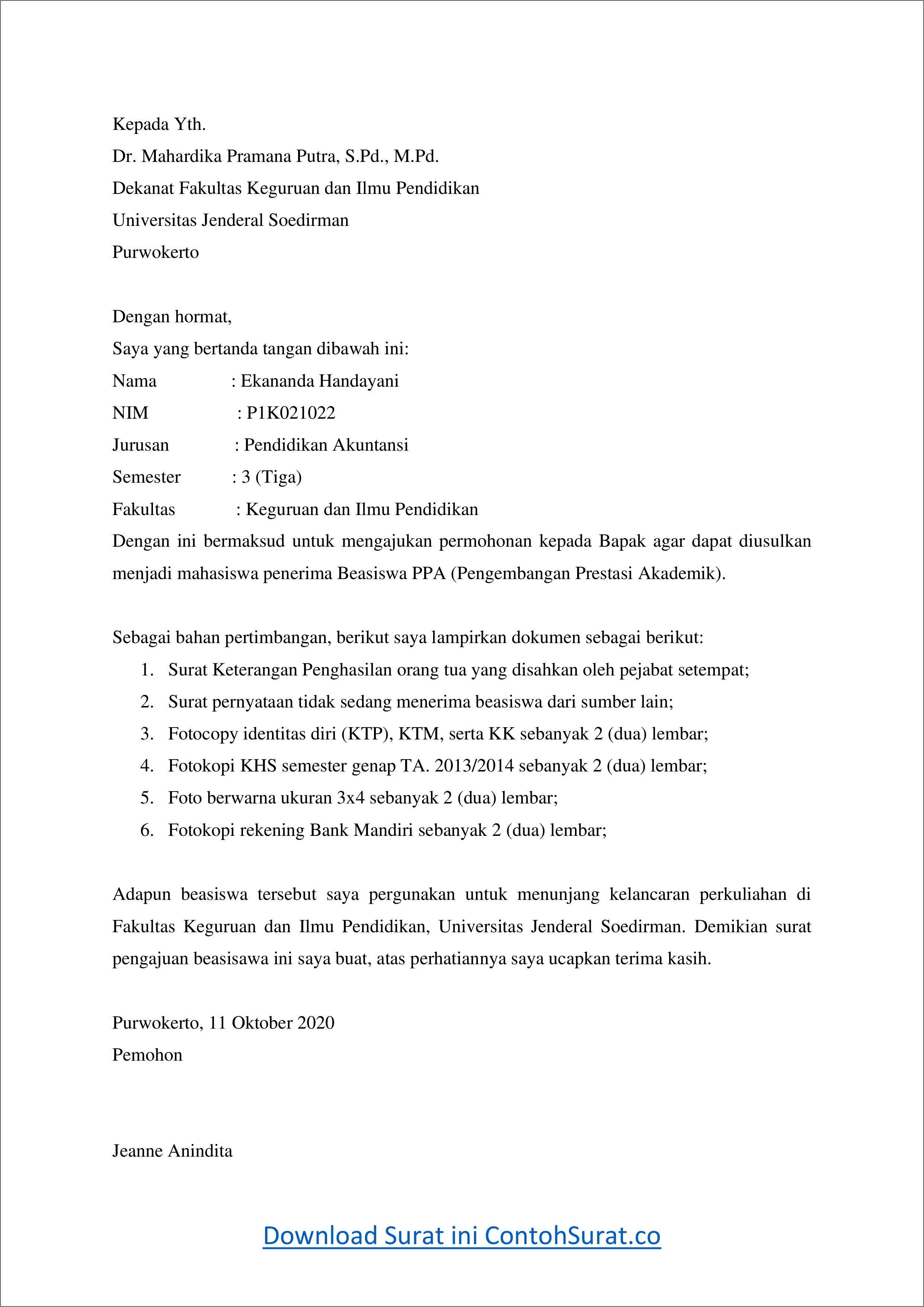Contoh Surat Pernyataan Pengajuan Beasiswa
