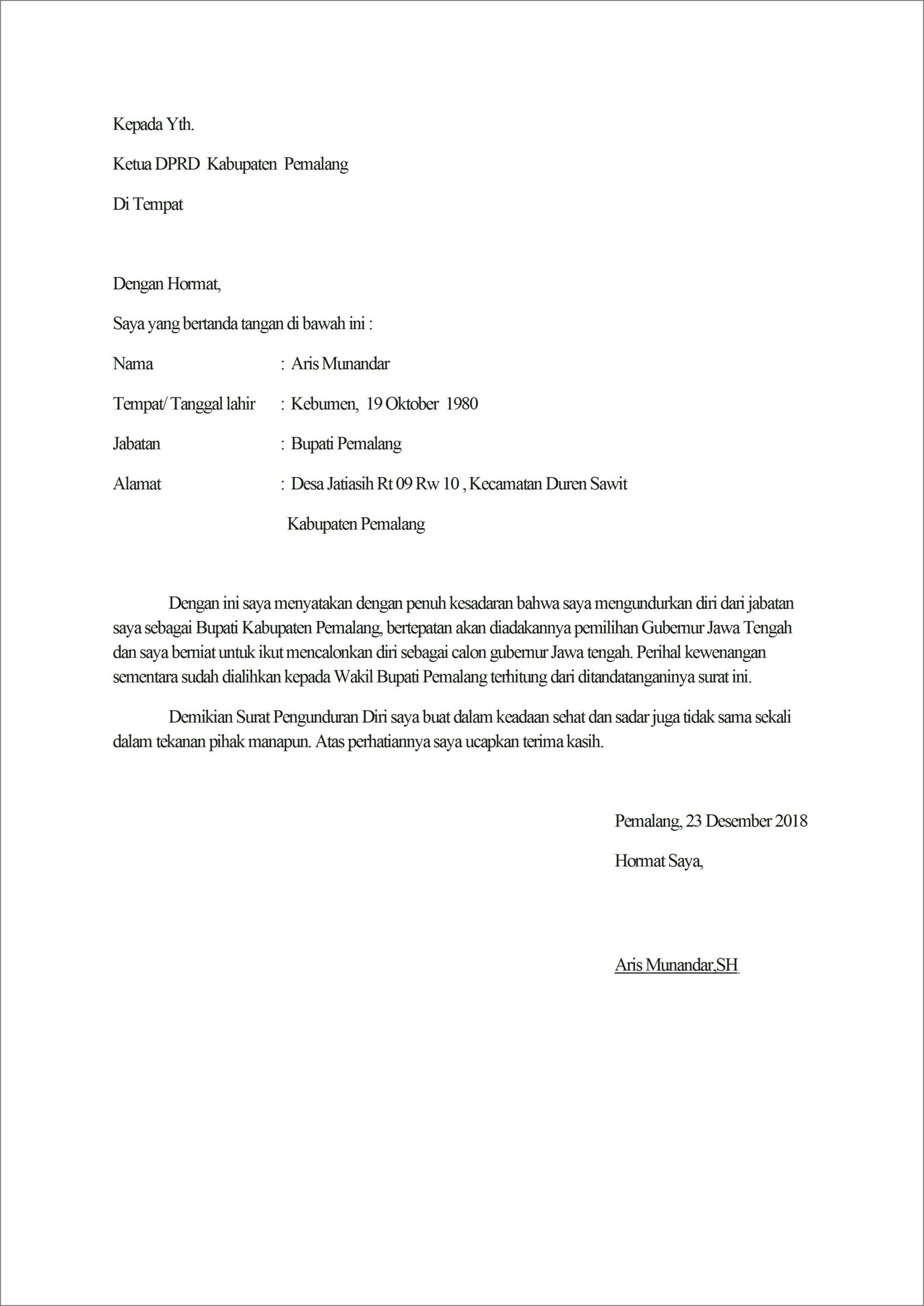 Contoh Surat Pernyataan Pengunduran Diri Dari Jabatan Kepala Sekolah