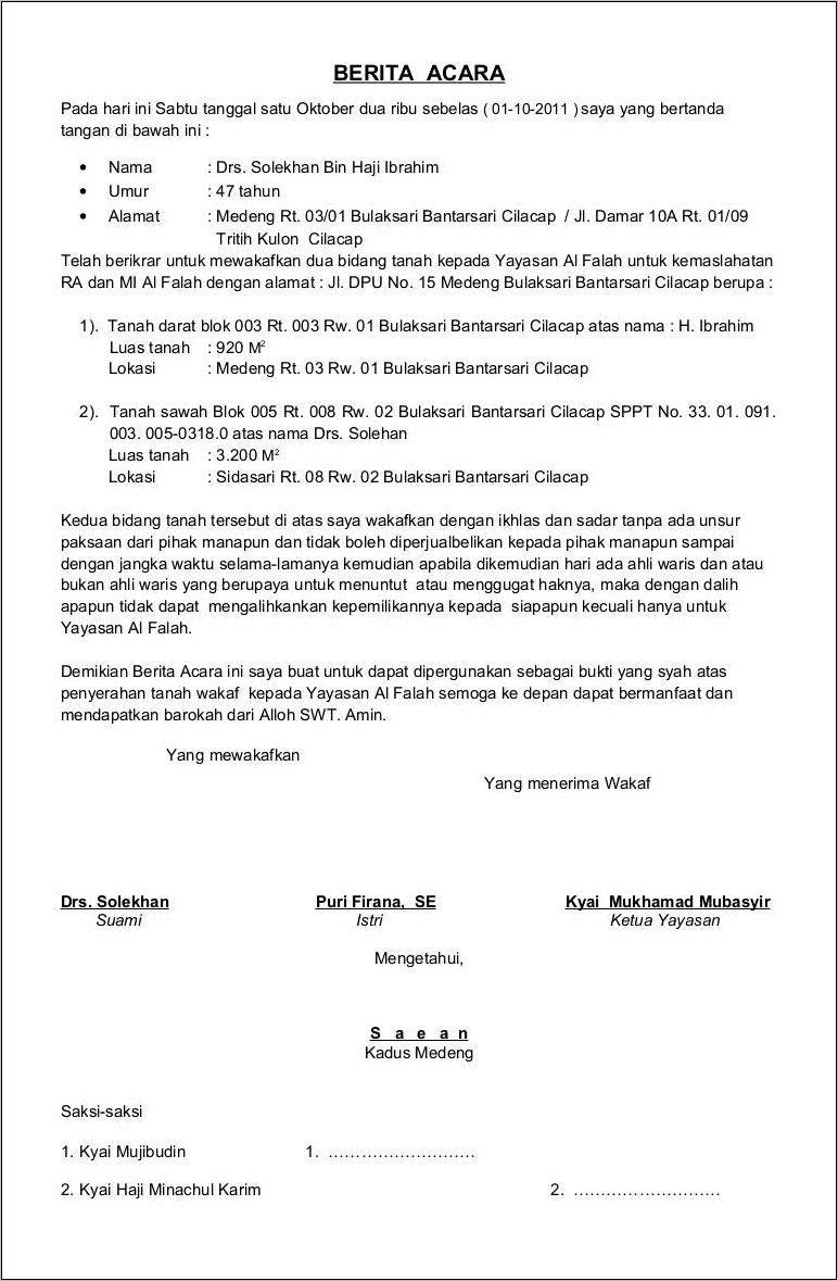 Contoh Surat Pernyataan Penyerahan Tanah Wakaf
