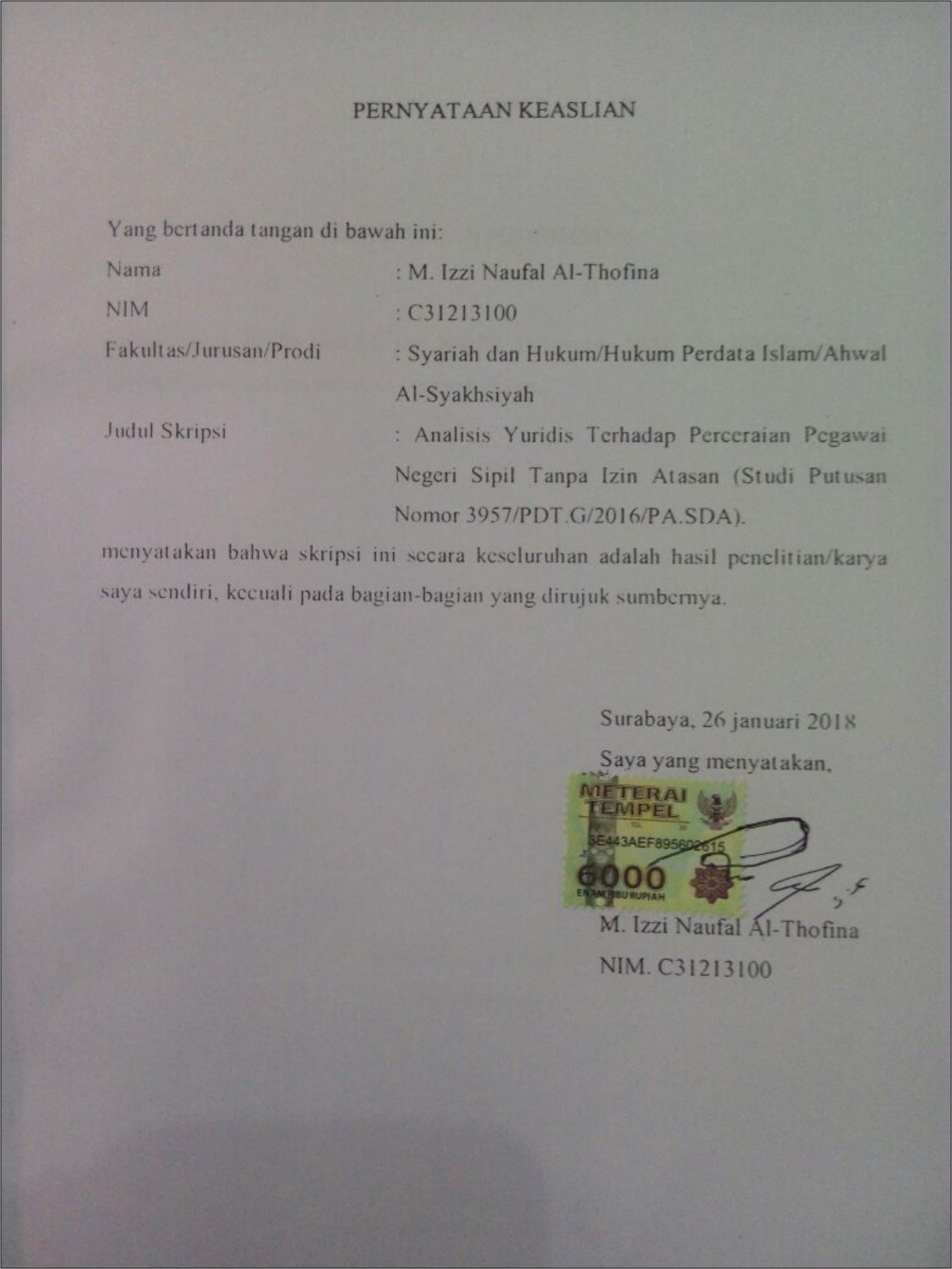 Contoh Surat Pernyataan Perceraian Di Atas Materai