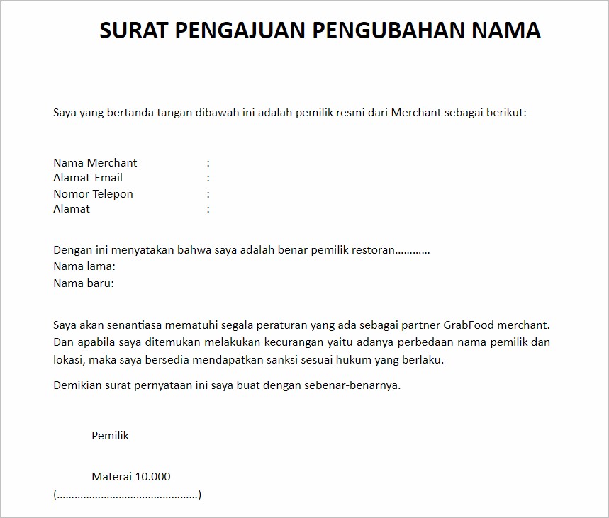 Contoh Surat Pernyataan Pergantian Nama