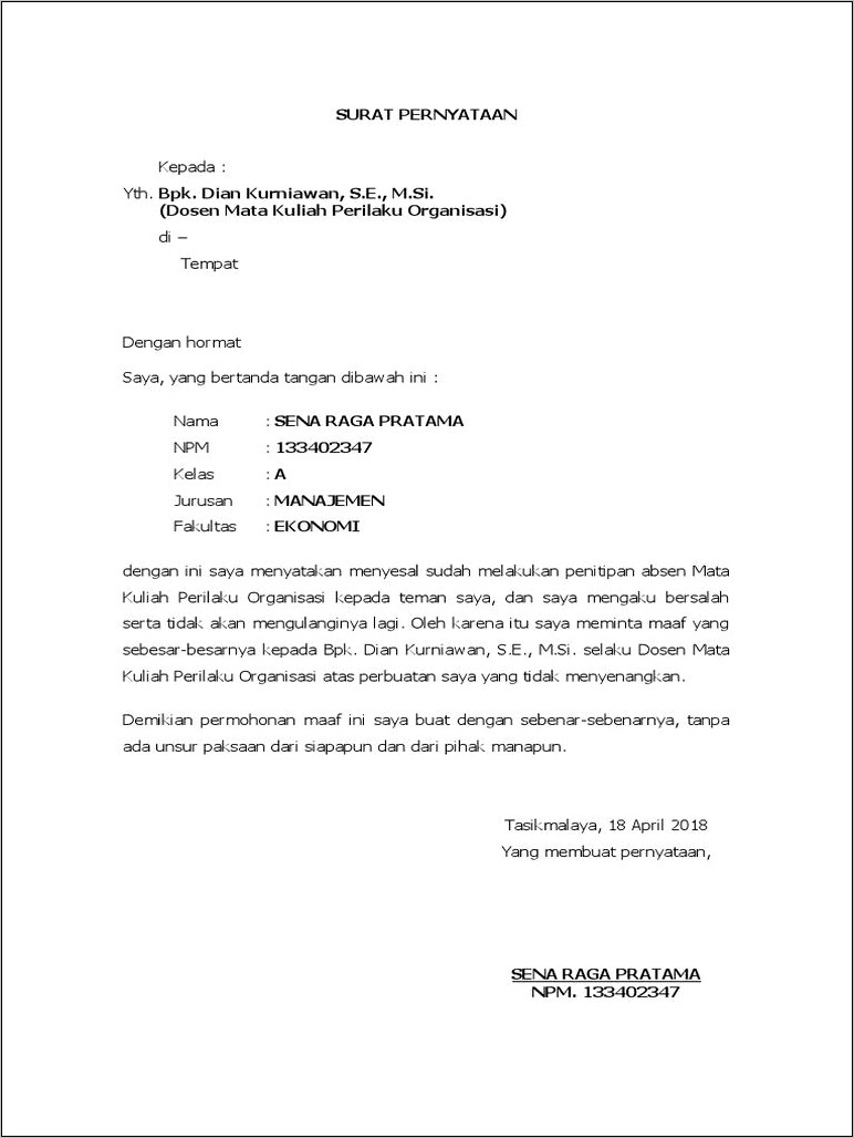 Contoh Surat Pernyataan Perjanjian Dengan Dosen
