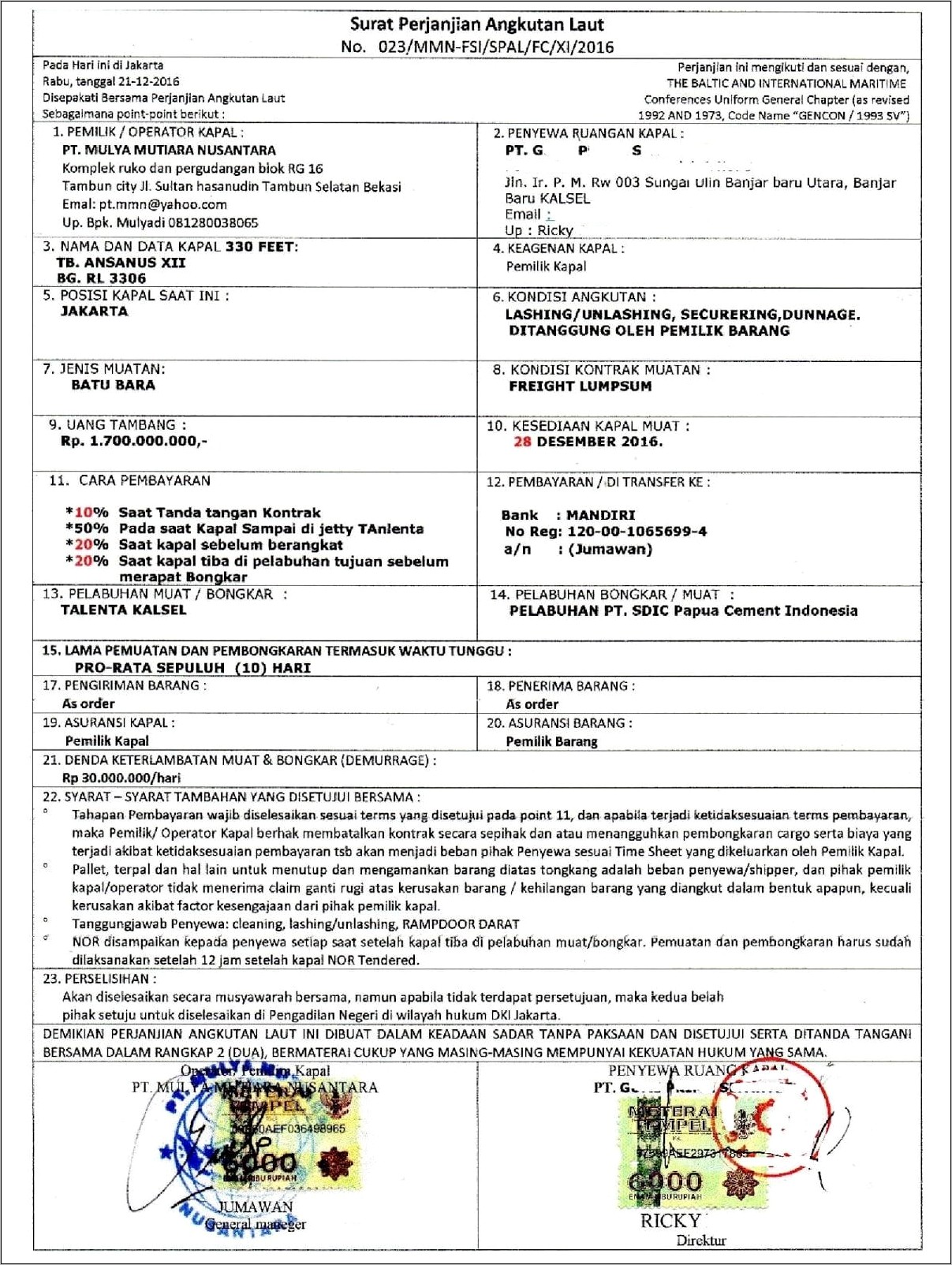 Contoh Surat Pernyataan Perjanjian Muatan